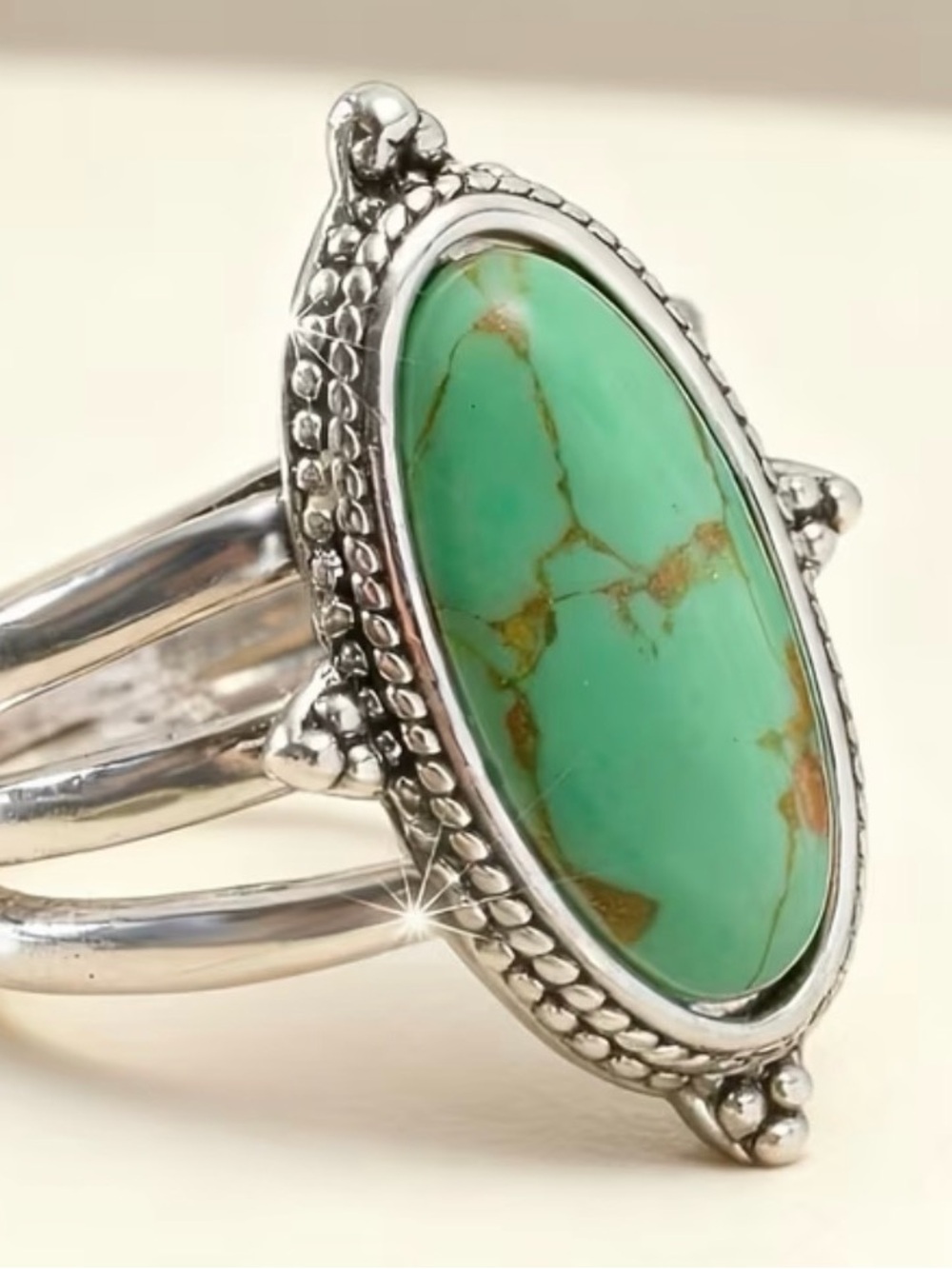 Turquoise Oval Stone Silver Ring - Green Turquoise Statement Ring